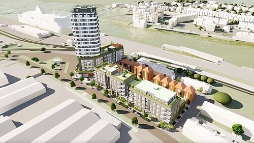 Artist's impression of an 18 storey tower block on Beach Road dominating the industrial, residential and harbour areas of the neighbourhood.
