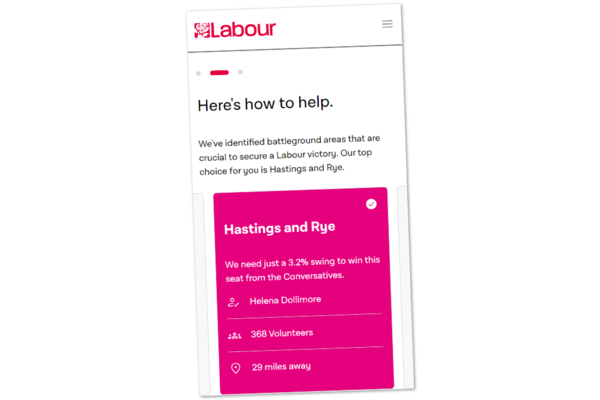 Screenshot of the Labour Party website instructing people to campaign in Hastings and Rye.