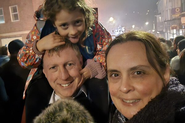 James and family wrapped up against the cold on Bonfire Night in Lewes. The background is suitably smoky.