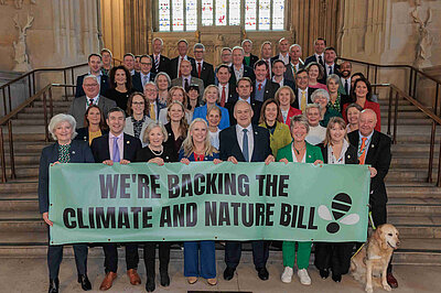 Massed ranks of LibDem MPs, including James Macleary, with a huge banner that says "We're backing the Climate and Nature Bill". The text ends with a bee shaped exclamation mark.