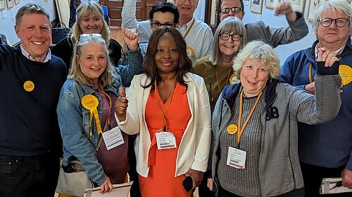 Ten of the fifteen LibDem councillors elected in May 2023, including Parliamentary candidate James MacCleary,  celebrating