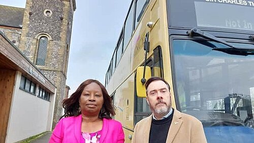 Councillors Janet Baah and Kevin West at the bus stop arranged after the closure of Lewes bus station