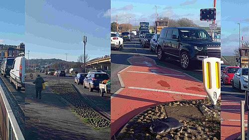 A montage of images of cars queuing on the main roads on Newhaven. Nobody is going anywhere, by the look of these pictures.