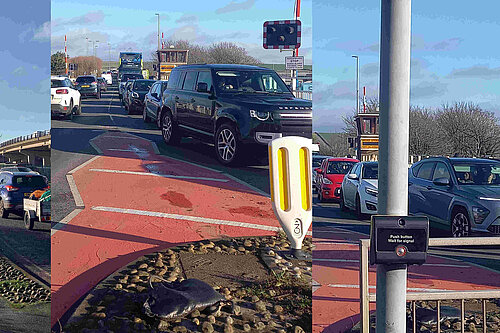 A montage of images of cars queuing on the main roads on Newhaven. Nobody is going anywhere, by the look of these pictures.