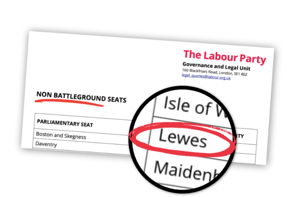 A document from Labour Party HQ showing 'non battleground seats'. Lewes is on the list.